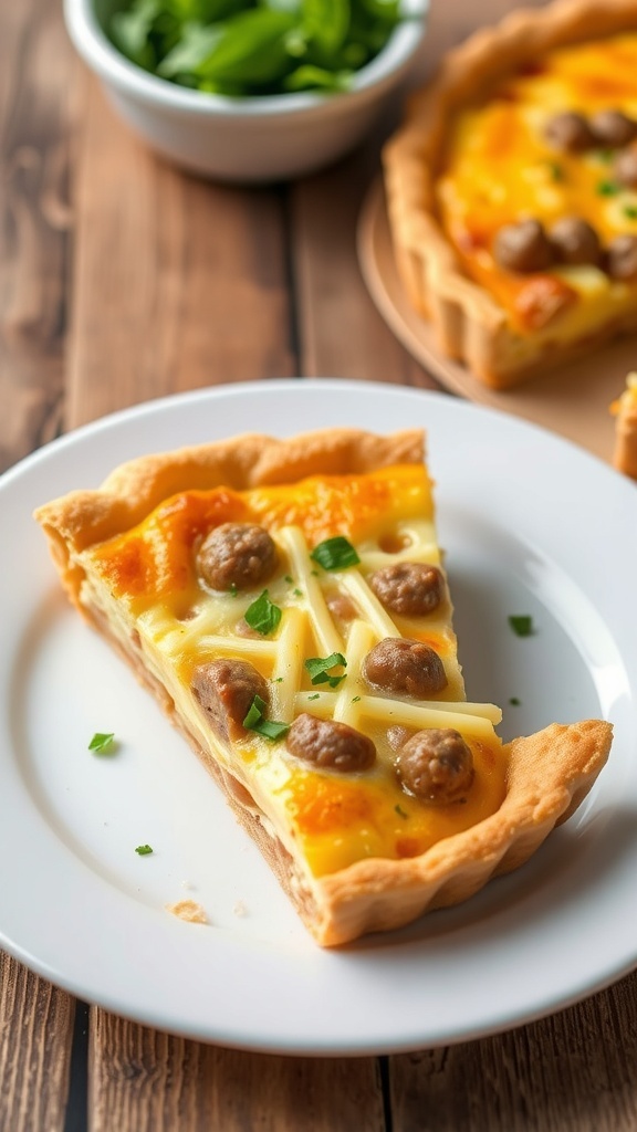 Sausage and Cheese Quiche Recipe A slice of sausage and cheese quiche on a plate, garnished with herbs, on a wooden table.